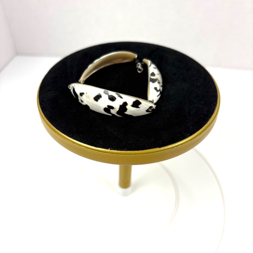 Vtg Cow Print Shell Statement Bracelet 3 Panel Cuff/Link Women OS Black White